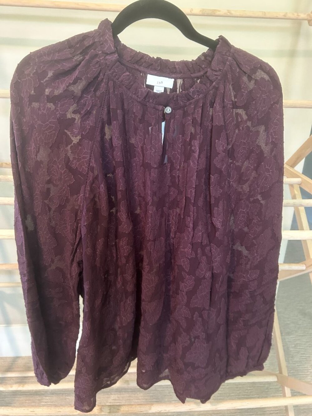 NWT J. Jill Dark Fig Purple Floral Clip Jacquard Ruffle Neck Blouse XL